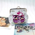 Digital print PU leather coin purse featuring purple owls and metal clasp closure - Three Owls