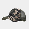 Detail view of camouflage trucker hat featuring breathable olive green mesh and curved brim - Adjustable / Khaki Camouflage