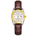 Quartz watch featuring brown crocodile leather strap and silver case with gold bezel - Brown Strap Two-tone Case White Dial Women