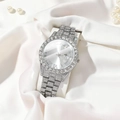 Silver luxury women's watch with full crystal pavé, Roman numerals, and calendar window - Full Silver