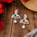 Silver fan-shaped drop earrings with oriental cutout pattern and pearl bead finish - E2548-4/Silver Fan Figure
