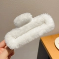 Plush white square hair claw clip for women made of soft faux fur for autumn winter - Plush Long Rectangular Style / White