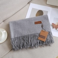 Deep grey cashmere-feel winter scarf with elegant tassels and leather logo detail - Heather Gray