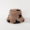 Close-up of brown plush bucket hat with black star patterns showing soft faux fur texture - M / Khaki
