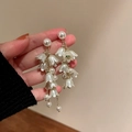 Elegant lily of the valley earrings with white pearls and gold chain dangle drop style - Lily of the Valley Pearl Tassel (4 Silver Earring Posts. White)
