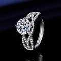 Silver twisted ring with large round moissanite and micro-pave small diamonds - White Gold Ljz-224 / Adjustable Open