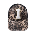 Distressed leopard print baseball cap with white towel embroidery letter I and mesh back - Letter I (Black Leopard)