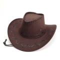 Detail of brown faux suede cowboy hat with stitched edges and black adjustable wind rope - M(56-58cm) / Coffee