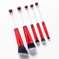 5-piece DIY beadable makeup brush set with red metal handles and black-white gradient bristles - Christmas Red