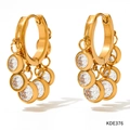 Gold plated stainless steel hoop earrings with five clear dangling zircon charms - Gold + White Zircon (D376)