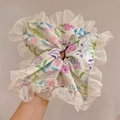 Pink and blue floral print hair scrunchie with white mesh ruffle trim detail - Pink Purple Mesh Floral