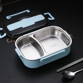 Blue 304 stainless steel lunch box with dual compartments and utensil set - Blue 2-Compartment 1L (With Cutlery + Color Box)