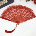 Elegant red lace folding fan with gold-accented frame and silk tassel pendant ornament - Red with Tassel