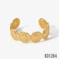 Golden open cuff bracelet with embossed circular discs made of stainless steel - Round Disc Relief Style (KD1264) / Gold