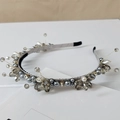 Detail of handmade luxury headband with grey crystals, pearls and gold wire accents - Style SJ006 / Antenna Gray