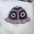 Handmade knitted bucket hat featuring purple and blue vintage floral crochet patterns - M (56-58cm) / Daisy Patchwork Purple