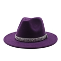 Macro shot of purple wool felt fedora with sparkling rhinestone crystal embellishment - Purple