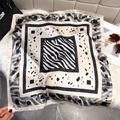 Elegant black and white geometric zebra print square silk scarf on faux fur background - 65*65cm / Black