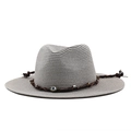 Gray straw Panama hat with woven band and blue evil eye charm for beach vacation - M (56-58cm) / Gray