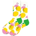 Mid-calf crew socks featuring pink flamingo and yellow lemon prints with green contrast heels - White Flamingo