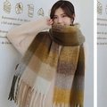 Thick oversized plaid scarf with brown and beige gradient colors and tassel detail - Yellow Brown Plaid