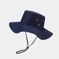 Detail of dark blue outdoor sun hat featuring brass ventilation eyelets and windproof drawstring - One Size / Navy Blue