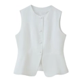 Witte mouwloze damesvest met ronde hals, parelknopen en een stijlvolle peplum-zoom - S / Wit