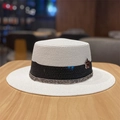 White flat top straw boater hat with black ribbon and deep red flower metal ornament - White (Plum Blossom Flat Top Straw Hat)