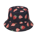 Detail of red strawberry embroidery and reinforced white stitching on a black bucket hat - Black Strawberry