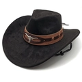 Chapeau de cowboy noir en feutre à bord large avec emblème de taureau argenté et cuir brun - M (56-58cm) / Noir