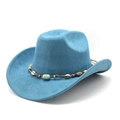 Macro shot of sky blue suede cowboy hat featuring tribal shell and turquoise bead band - Teal