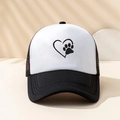 Detail showing heart and paw print on black and white trucker hat mesh cap - One Size / Black
