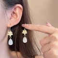 Golden Chinese style beaded earrings with yellow flower and white teardrop pendant - E4687-7/Gold Yellow Flower White Drop