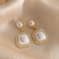 French vintage style pearl earrings with golden frame and sparkling crystal accents - 22# Diamond-set Square Pearl Earrings
