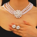French vintage pearl necklace and floral earrings set with rhinestones on model - Shiny Silver (2827)