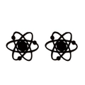 Minimalist black stainless steel atom-shaped stud earrings in a symmetrical flat lay view - Black