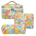 3-piece set of floral quilted cotton makeup bags with cute cartoon bear and flower patterns - Colorful Cloud