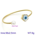 Golden C-shaped open bracelet with white flower evil eye and pearl detail - Flower Style (KB123077-K)
