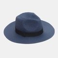 Detailed close-up of navy blue woven straw sun hat featuring a classic black ribbon band - M (56-58cm) / Navy Blue