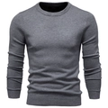 Detailed view of dark grey slim fit sweater with ribbed cuffs and round neck texture - Carbon Gray