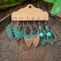 Vintage bohemian 3-pair earring set featuring turquoise beads and feather pendants - Feather Shield Hollow Drop Style (HQEF-0531)