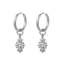 Detail view of silver star cross earrings with center white rhinestone on a white background - PG0541 Cross Pierced / Silver