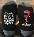 Funny Christmas socks in black and grey with holiday drink up spirit printed text - One Size / Wine Letter Grey Black