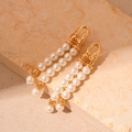 Detailed shot of vintage double-layer pearl fringe earrings with gold-tone hardware detail - Gold Geometric Pearl Drop Earrings (HE22333)