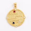 Macro shot of 25mm gold coin pendant with Love and Freedom engraving and colored stones - Gold-Love Freedom Round