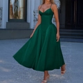 Elegant emerald green sleeveless midi dress with spaghetti straps and a pleated skirt - XS / Dark Green