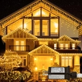 Warm yellow LED curtain ice lights with 30V ETL certified US plug power controller - 10M 300LEDs (Solar Powered) / Warm White
