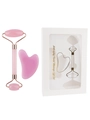 Pink quartz facial roller and heart guasha stone set in white window gift box - 2-Piece Resin Roller Clear Pink + Gift Box