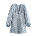 Vintage blue jacquard V-neck mini dress with lantern sleeves and floral print pattern - XS / Light Blue