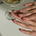 Detail of long pointed nails with red French tips and sparkling crystal cherry designs - No Accessories Style / X-0343 Red Edge Cherry